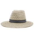 Classic men's fedora straw hat with black and white striped band for summer sun protection - M (56-58cm) / Natural Yellowish Beige