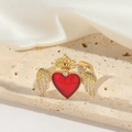 Gold ring featuring a red heart stone, crown motif, and crystal-encrusted angel wings - Angel Wings Red Heart Style (JZ0603-3)