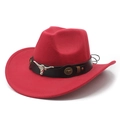 Detail of red cowboy hat with black leather band and silver bull head metal ornament - M (56-59cm) / Bright Red With Black Leather Belt