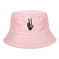 Pink cotton bucket hat with black skull hand gesture embroidery on plain white background - Adjustable / Pink