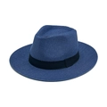 Navy blue wide brim Panama straw hat with a black ribbon band for sun protection - M (56-58cm) / Blue (Straw Flat Brim Style)