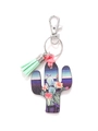 Wooden cactus keychain with colorful floral print, light green tassel, and silver ring - Colorful Cactus Floral/Light Green Tassel