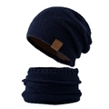 Men's navy knit beanie and neck warmer set with warm fleece lining and sport leather tag - Navy Blue