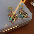 Vintage style gold peacock earrings set with vibrant multicolored crystals in close-up - Silver Needle-Peacock Flower Rhinestone Earrings