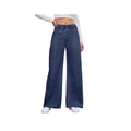 Women's dark blue wide-leg jeans with a high elastic waist in a relaxed denim style - S / Dark Blue