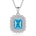 Sky blue rectangle gemstone necklace with double-layer halo setting in S925 silver - 925 Silver / Aqua