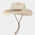Detail of woven straw cowboy hat with vintage star pendant and adjustable chin strap - Beige