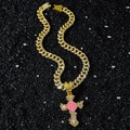 Collana hip hop dorata con ciondolo a croce e rosa rosa con strass luccicanti - Set di collane / Oro