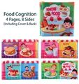 Detail view of baby cloth book with crinkle paper pages showing colorful food patterns - Food Theme / 4 Pages 8 Sides