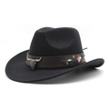 Black western felt cowboy hat with bull head emblem and colorful floral embroidery - M (56-58cm) / Black