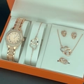 5-piece rose gold watch set with crystal-inlaid heart necklace, bracelet, and earrings - Rose Gold (500-4pcs Set)