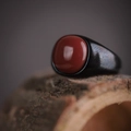Retro black matte titanium steel ring featuring a smooth reddish-brown gemstone inlay - US-8 / Gun Black-Ruby