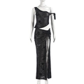 Detail of sheer black lace mesh fabric and high slit on a two-piece skirt set - S / Black