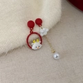Asymmetric Chinese New Year earrings featuring festive red dragon motif and pearl drops - 55# Cartoon Dragon Artificial Pearl / Red/White/Gold