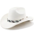 Detail of white western cowboy hat featuring a geometric beaded hatband on wide brim - Cream