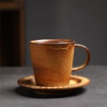 Japanese retro stoneware coffee cup and saucer set with brown spotted glaze and ribbed texture - 252 Comb-patterned Cup + Round Saucer 240ml / Universal