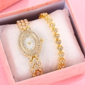 Elegant gold-tone women's quartz watch and heart bracelet gift set in pink box - Gold Watch + Gold Bracelet + Box