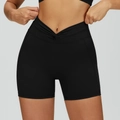 Women's black high-waisted yoga shorts with stylish cross-waist v-cut design - XL / Premium Black