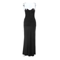 Elegant black corset evening maxi dress featuring lace details and ruched bodycon waist - S / Black
