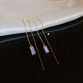 Long gold tassel earrings with purple rectangular pendants on a black mirrored surface - Purple Rectangular Glossy Ear Threader Style (127#)