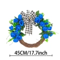 Dettaglio ghirlanda rose blu 45cm con fiocco a quadretti e base in rattan - Blu / 45cm