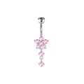 Detailed view of silver navel ring with pink gemstone flower and hanging pendant charm - Silver-Pink Zircon Sunflower