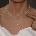 Double-layered silver necklace with sparkling crystal chain and a single pearl pendant - Silver Double Layer Pearl Rhinestone Necklace