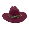 Chapeau fedora bordeaux à large bord avec perles ethniques et pompons décoratifs - Taille unique / Bordeaux
