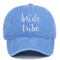 Detail of sky blue washed cotton baseball cap featuring white bride tribe embroidery - Adjustable / Sky Blue