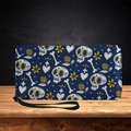 Long leather skull wallet with Day of the Dead floral patterns and black wristlet strap - Day of the Dead Sugar Skull Print-Dark Blue