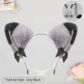 Grey and black plush cat ear headband set with bows and bells for cosplay costumes - One Size / Folded Ear Ding-Dong - Grey & Black