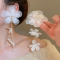 Orecchini a fiore in tulle bianco con cristalli e nappe a catena dorata da donna - Stile Fiore in Rete e Catena di Cristallo (37#)