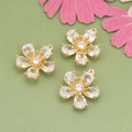 18k gold plated five-petal flower pendants with white zircon stones on green background - White
