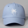 Detailed view of white palm tree embroidery on light blue twill cotton baseball cap - Adjustable / Sky Blue