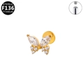 F136 titanium gold butterfly labret stud with clear zircon stones and internal thread - White Zirconia / Gold Butterfly