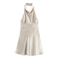 Elegantes champagnerfarbenes Satin-Neckholder-Kleid mit Wasserfall-Ausschnitt - XS / Khaki