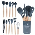 Set di 12 utensili da cucina in silicone grigio scuro con manici in legno e secchiello portaoggetti - Grigio Scuro Set da 12 Pezzi Con Secchiello Piccolo (Ultra Leggero)