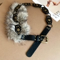 Bohemian black leather waist belt with grey faux fur and vintage metal rivets - 14# Waist Chain - Black