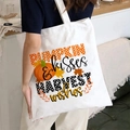 White canvas tote bag featuring orange pumpkin and autumn harvest festival prints - Pumpkin Kisses & Harvest Wishes / White