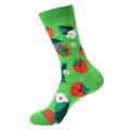 Chaussettes en coton vert vif avec motifs de fraises rouges et de fleurs blanches - Taille unique / Style Fraise Vert Clair (1062)