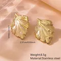 Gold leaf-shaped stainless steel earrings with textured veins and minimalist beach style - Radial Leaf Texture (FYD6086)