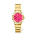 Montre dorée pour femme avec cadran marbre rose et lunette strass sur fond blanc - Boîtier Doré Cadran Rouge