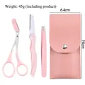 4-piece pink eyebrow grooming set with folding razor, scissors, tweezers and PU pouch - Pink Eyebrow Grooming 3pcs Set