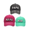 Three washed cotton baseball caps in black, rose red, and mint green for the PAPA MAMA family - Family Set (PAPA+MAMA+MINI) / Black/Red/Green