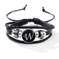 Classic black leather multilayer bracelet featuring a silver metal charm with letter W - Letter-W