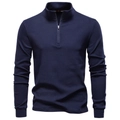 Vista frontale della felpa blu navy con mezza zip, colletto alto e morbida consistenza - S / Blu Notte