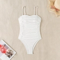 White one-piece swimsuit with eyelet embroidery and ruched detail on a beach-themed background - S / White