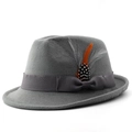 Detail of gray wool felt fedora featuring a grosgrain ribbon bow and vibrant orange feathers - M (56-58cm) / Light Gray