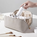 Trousse à maquillage crème à rayures verticales avec grande capacité de rangement - Gris