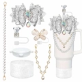 Set accessori Stanley con fiocco argento glitterato, catena di perle e ciondolo strass - Argento